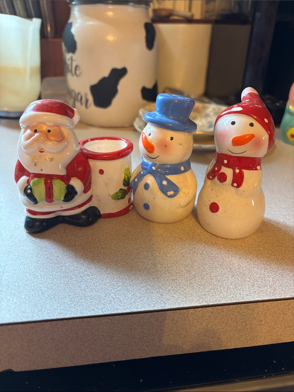 Ceramic Santa and Snowman salt & pepper Holiday Figurine Trio - Red, White, Blue